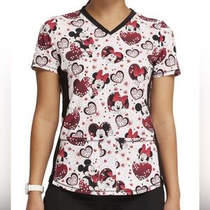 Tooniforms Disney Mickey & Minnie Mouse Heart Print‎ Valentines Day Scrub Top XS